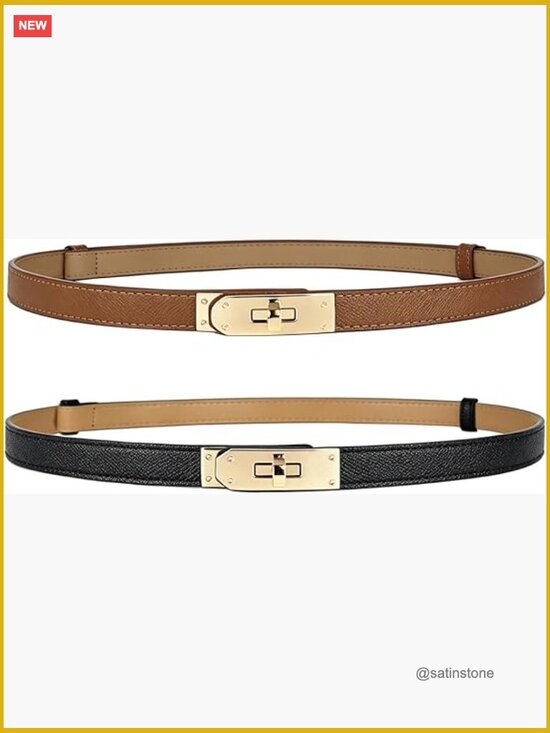 Skinny Belt with Turn-Lock Gold Buckle - Faux Leather, Adjustable 20-35in main image 5